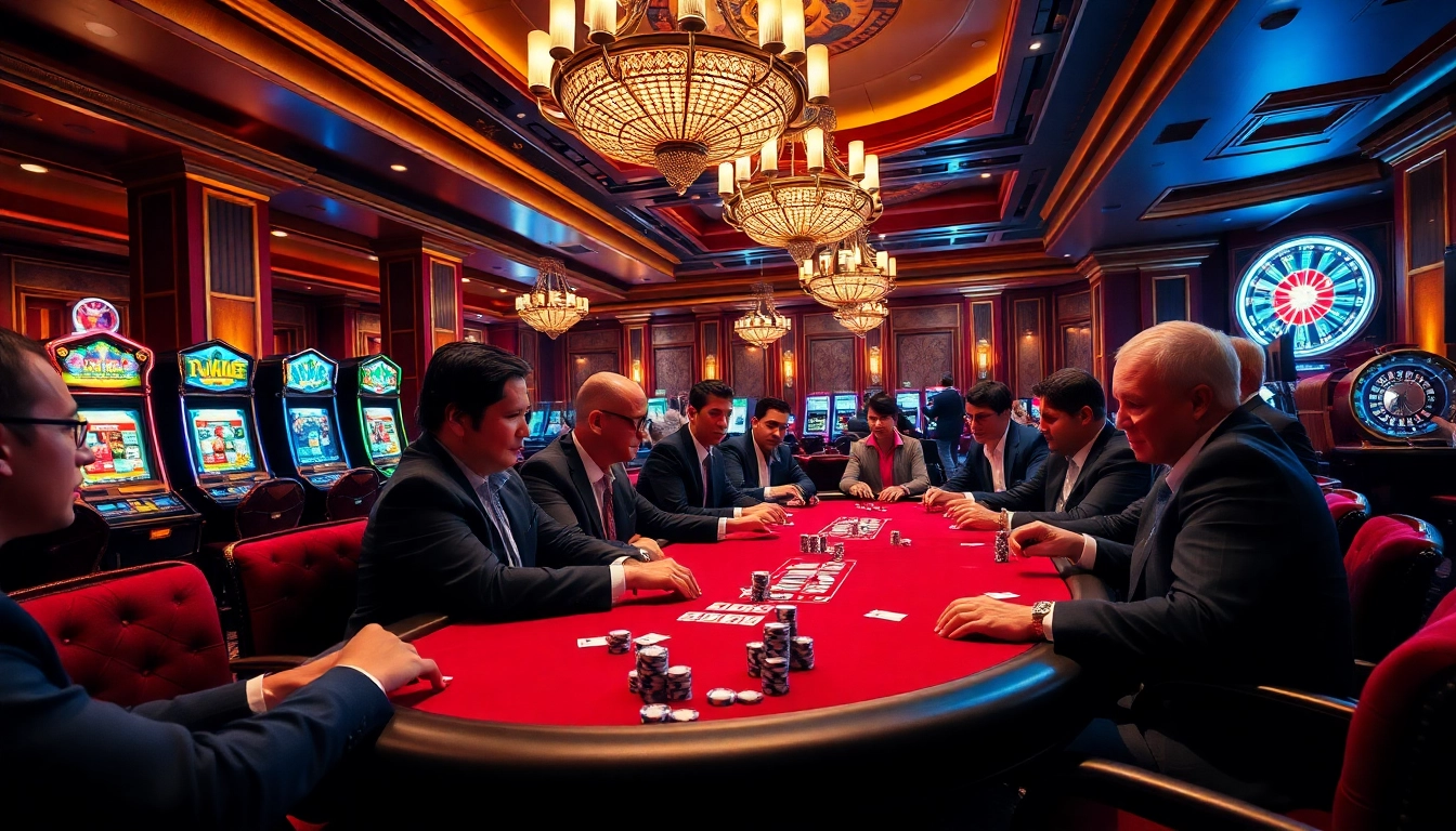 Engaging players in a high-stakes poker game at a luxurious casino, infused with okking excitement.