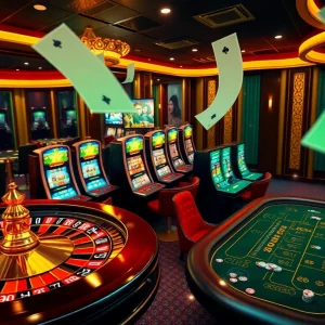 Thrilling gaming action at KK55 casino with vibrant roulette and poker tables.