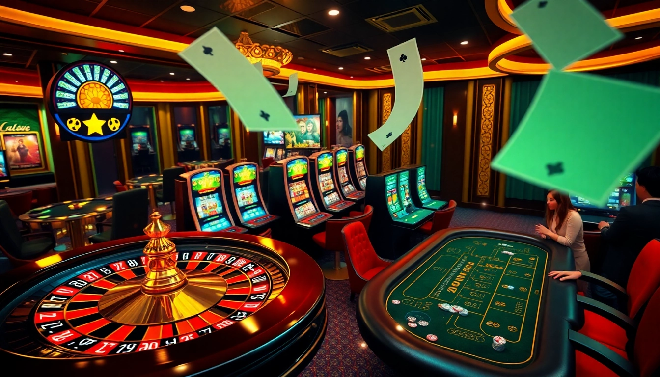 Thrilling gaming action at KK55 casino with vibrant roulette and poker tables.