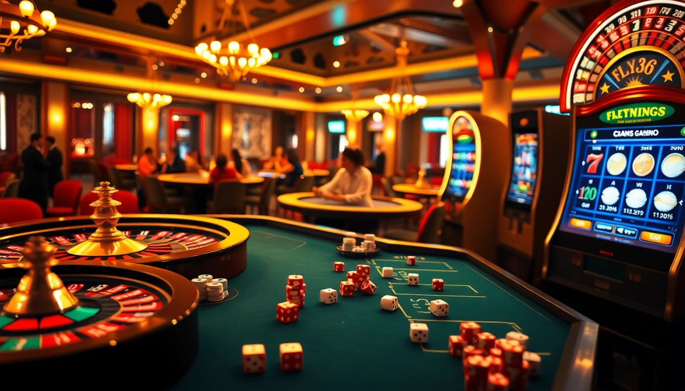 FLY88 trang chủ featuring vibrant casino tables with excited players and luxurious poker chips.