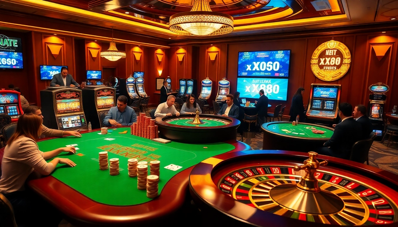 Players engaging in thrilling casino activities at https://xx88.se.net/ with illuminated slot machines and poker chips.