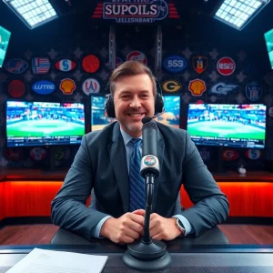 Captivating scene of Sports Broadcasting studio with broadcasters and multiple screens.