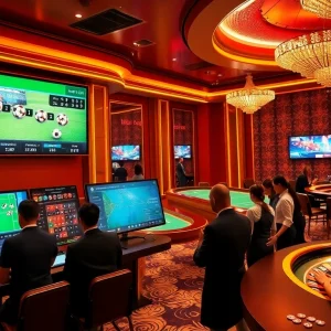 Excited gamblers engaging with keo nha cai betting odds in a luxurious casino setting.