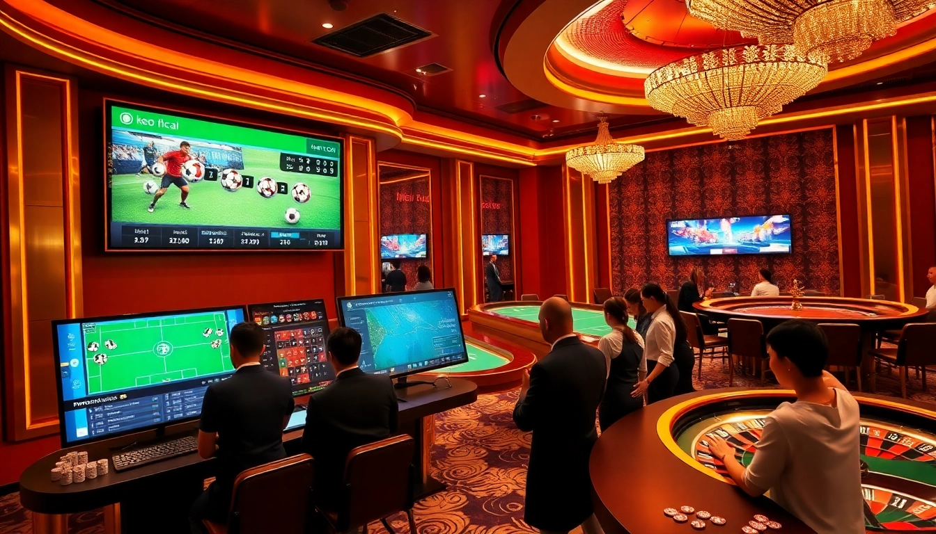 Excited gamblers engaging with keo nha cai betting odds in a luxurious casino setting.