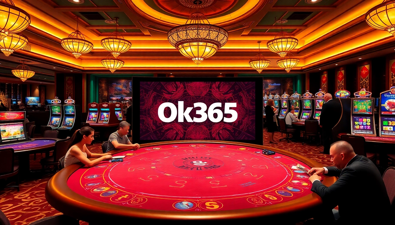 Captivating scene at a nhà cái ok365 casino with vibrant poker tables and engaging live dealers.