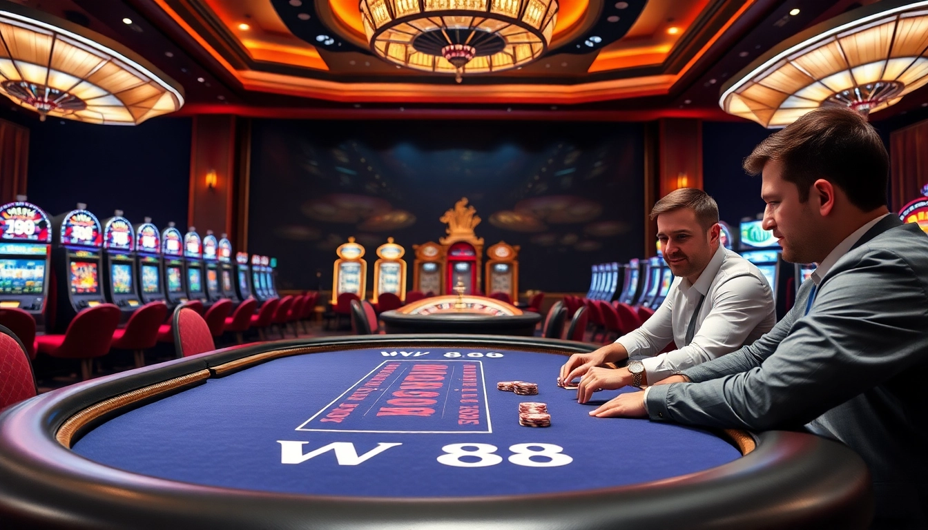 Exciting poker action at a WW88 gaming table full of vibrant colors and professional players.