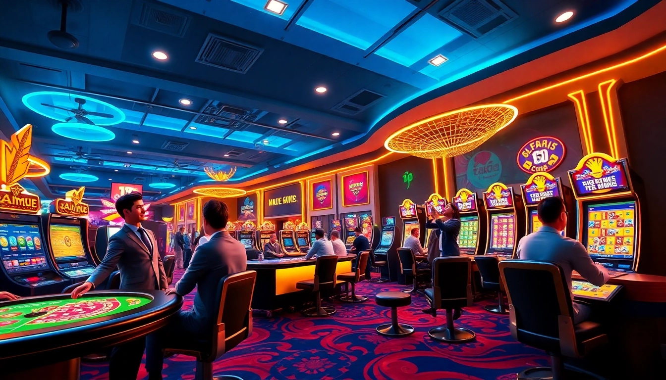 Exciting online gambling scene featuring 789p, showcasing players at casino tables and slot machines.