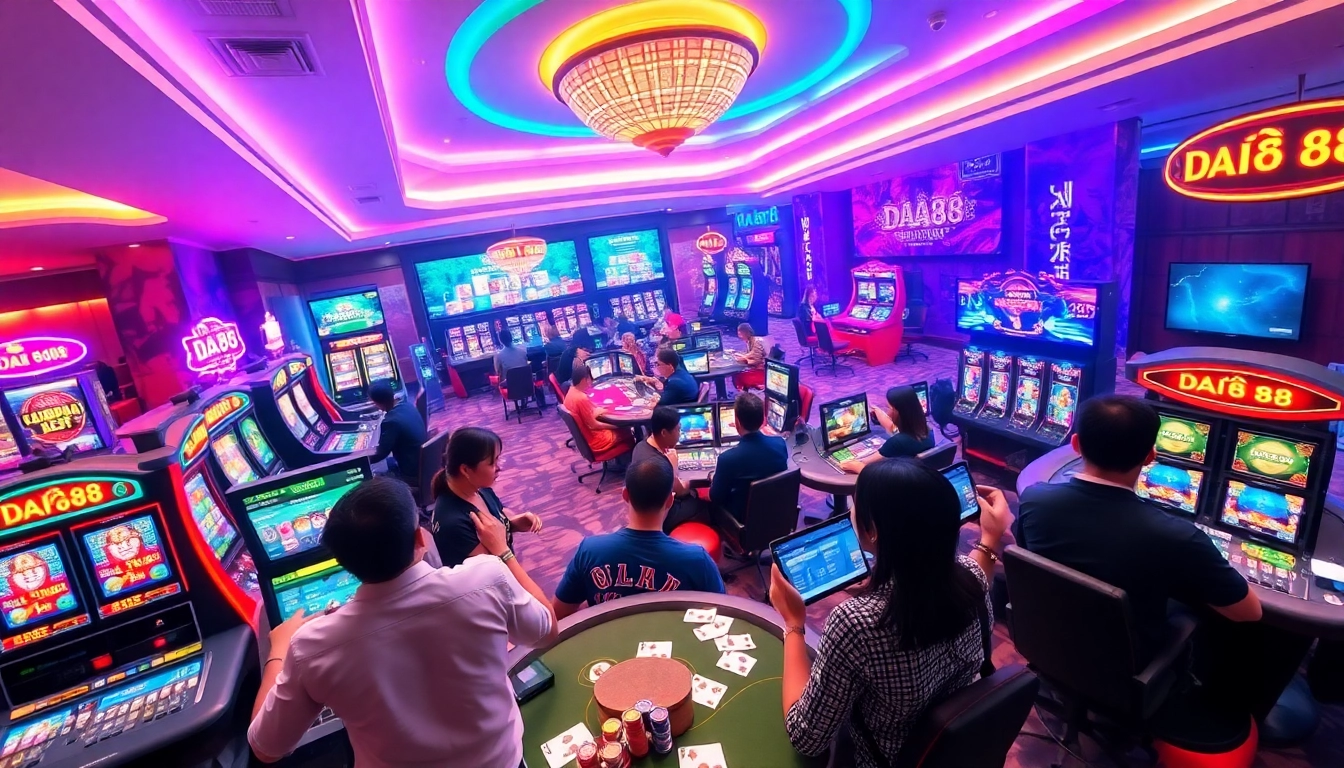 DA88 gaming scene showcasing vibrant slots, Baccarat, and Tài Xỉu games in a lively casino atmosphere.
