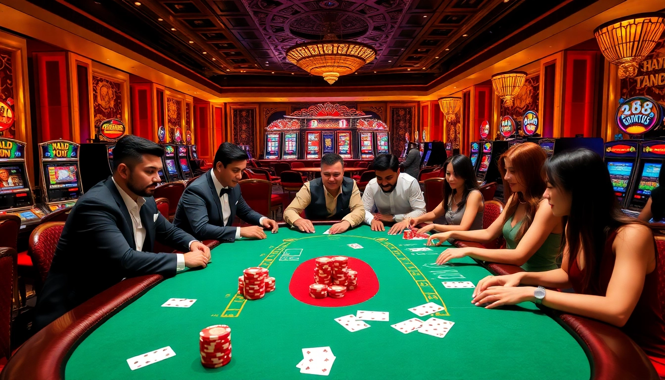 X88.tours captures the excitement of high-stakes poker in a luxurious casino setting with vibrant slot machines.