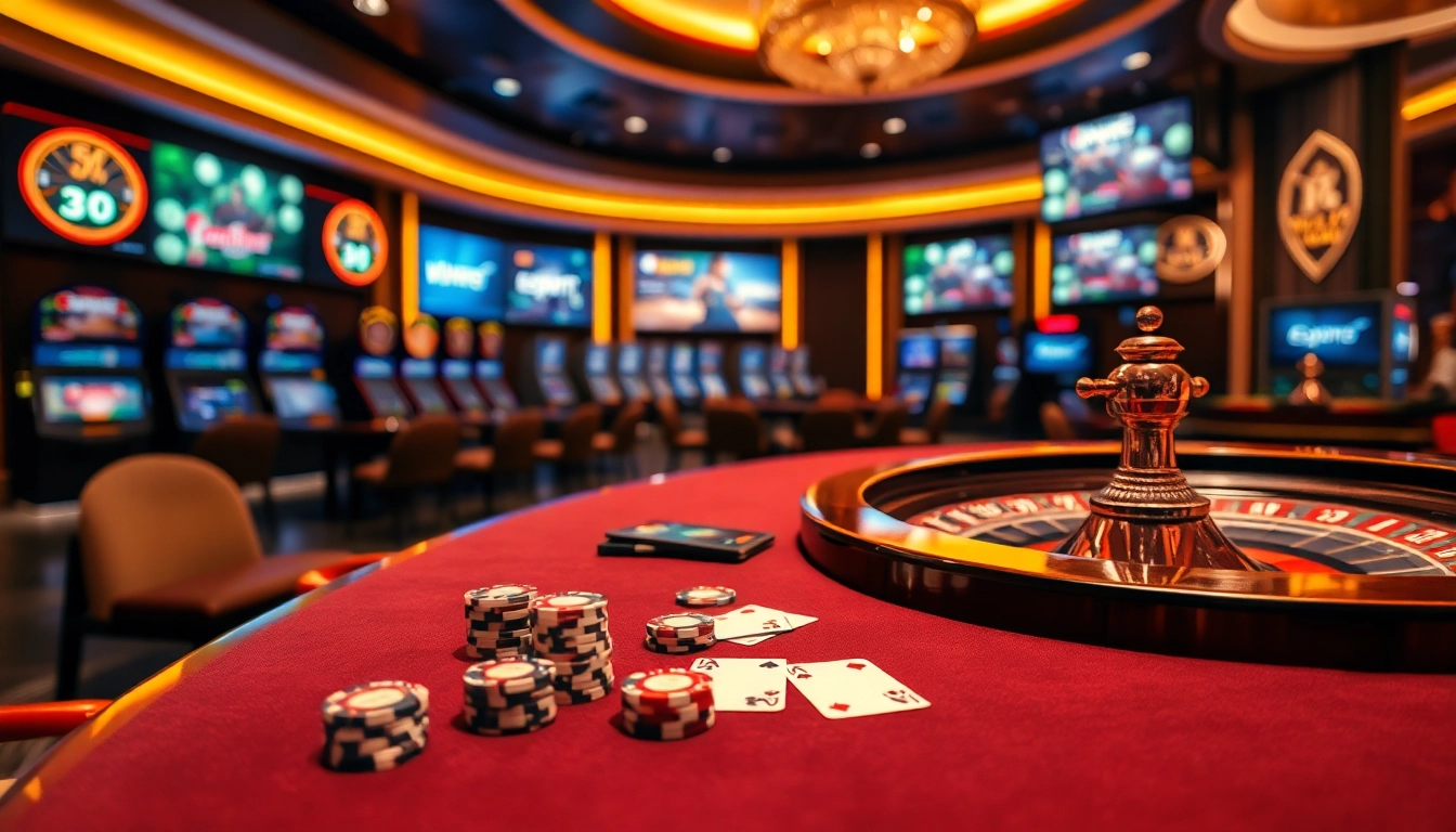 Engaging scene of VIN88 casino with poker chips and roulette wheel under soft lighting.