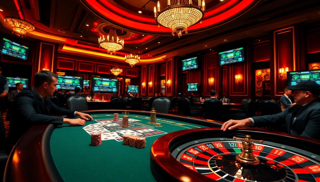 Players enjoying a thrilling poker game at a luxurious casino table, showcasing the excitement of 88i bet.