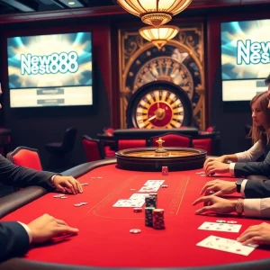 Players engaged in high-stakes poker showcasing New888's thrilling casino atmosphere.