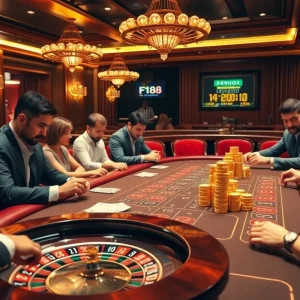 F168 casino enthusiasts engaged in high-stakes poker strategies at a luxurious table.