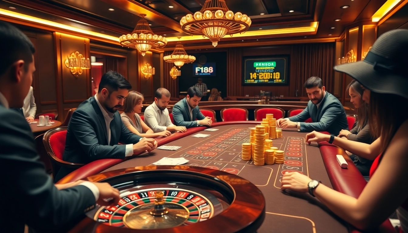 F168 casino enthusiasts engaged in high-stakes poker strategies at a luxurious table.
