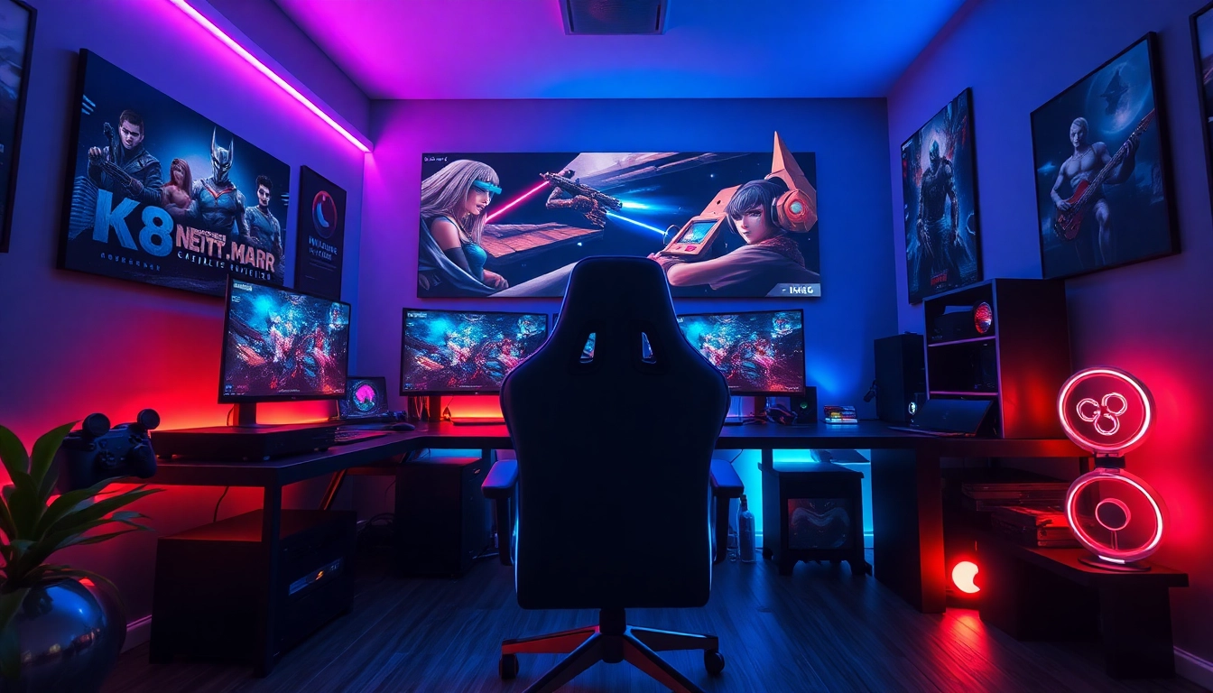 Gaming setup showcasing NK88.GG with high-end PCs and vibrant decor.