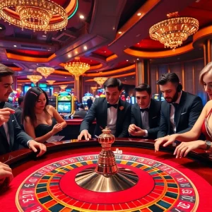 Excited gamblers enjoying a thrilling game at the OK 365 casino, experiencing high-stakes action.