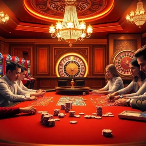 Kp88.com players enjoy an exciting poker game surrounded by vibrant casino elements like roulette wheels.