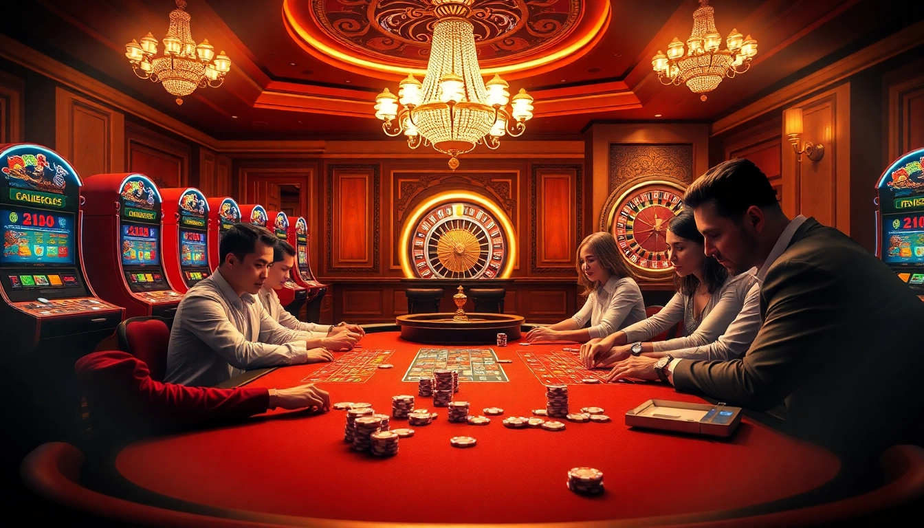 Kp88.com players enjoy an exciting poker game surrounded by vibrant casino elements like roulette wheels.