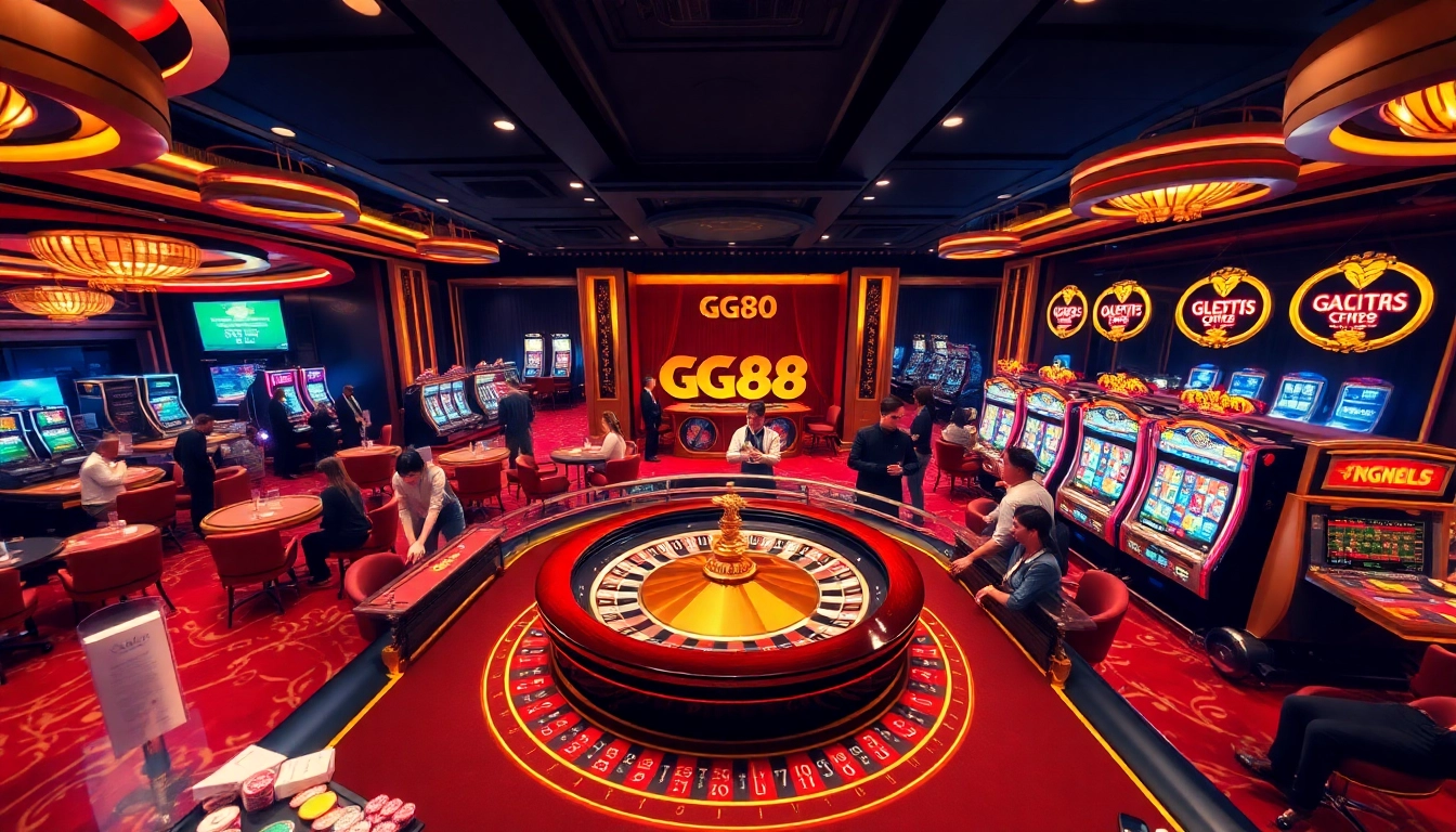 Players engaging with casino tables and slots at GG88, depicting excitement and luxury in gambling.