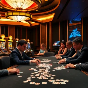Experience an exciting EEJL gaming atmosphere at a luxurious casino table with poker chips and cards.