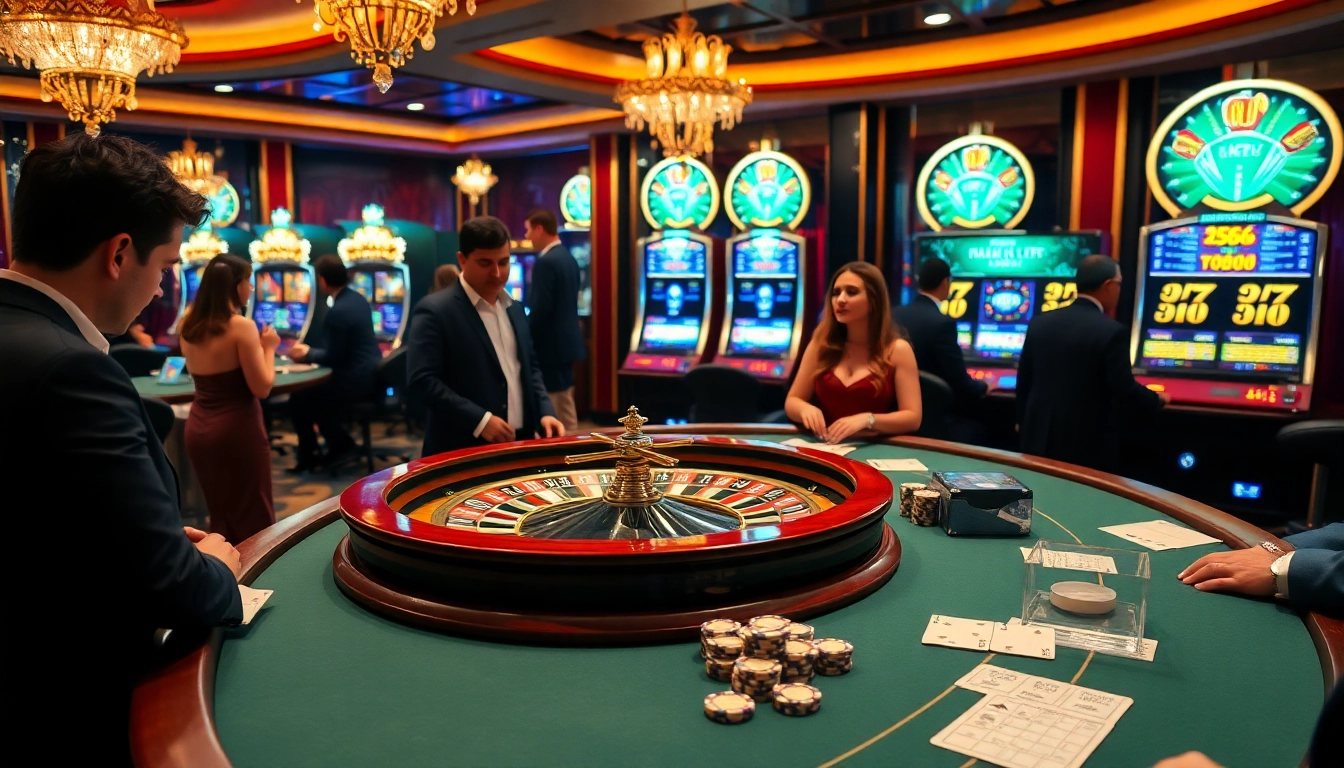 Experience thrilling gameplay at 8kbet with poker tables and roulette wheels in a luxurious setting.