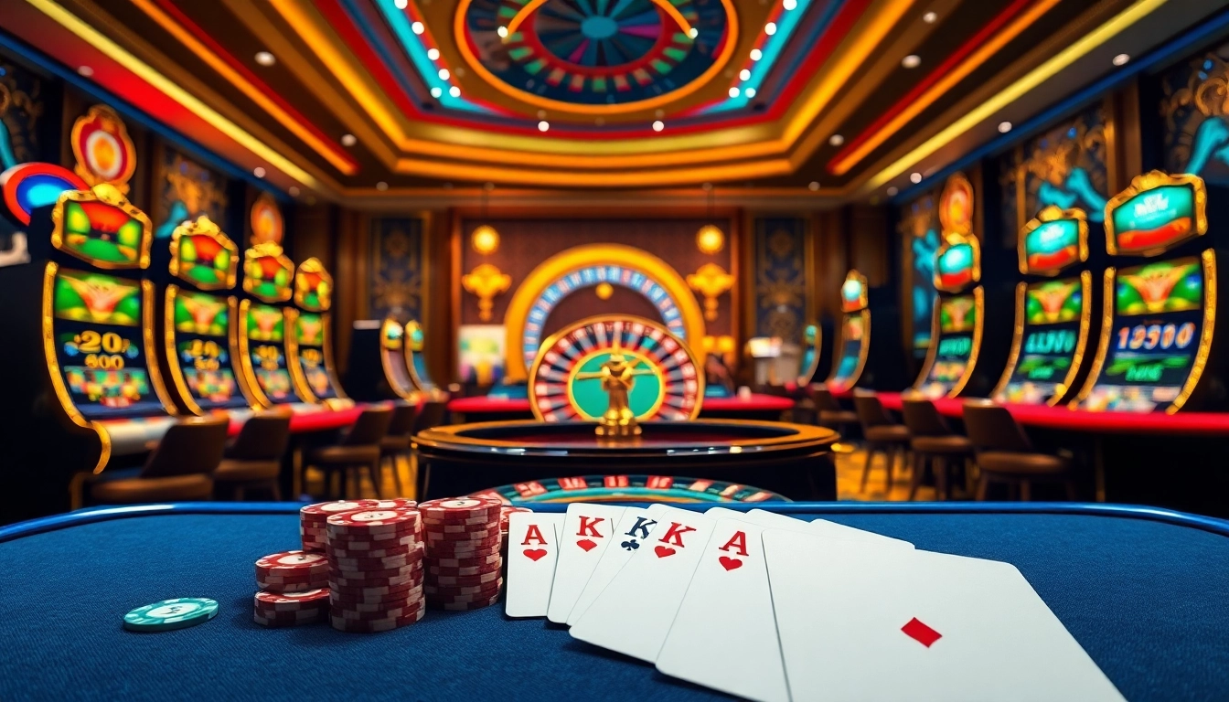 The thrill of gambling at https://one88.bid/ with vibrant casino tables and spinning roulette wheels.