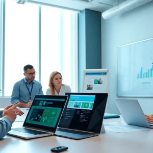 Team collaborating on website development services in a modern office.