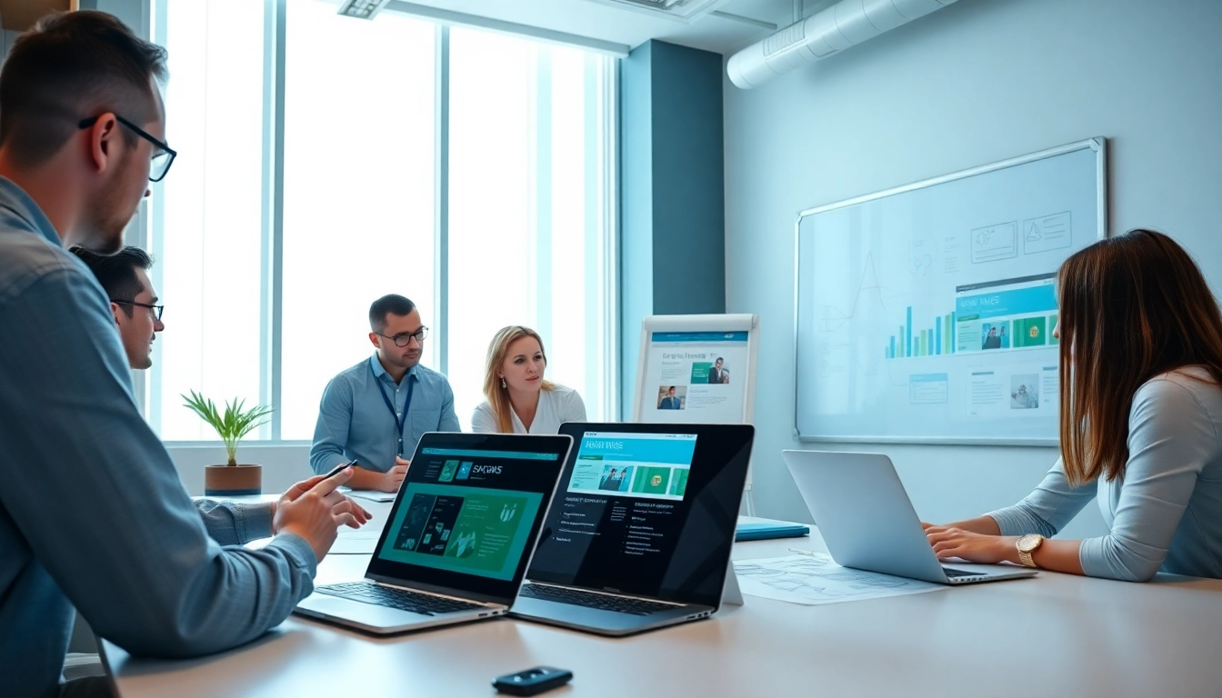 Team collaborating on website development services in a modern office.