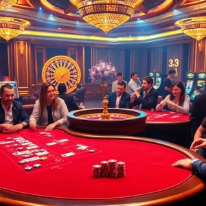 A thrilling poker scene captures 5z777 excitement, showcasing players, chips, and luxury casino ambiance.