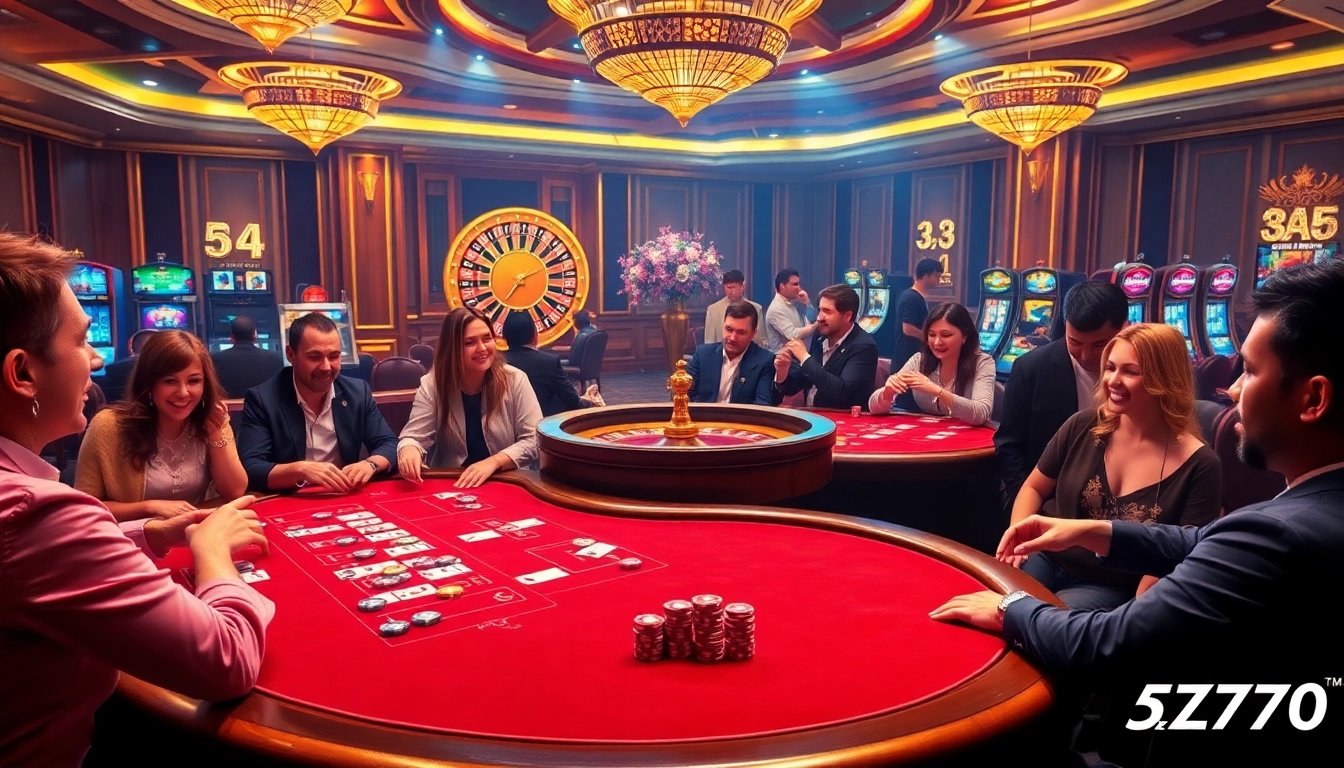 A thrilling poker scene captures 5z777 excitement, showcasing players, chips, and luxury casino ambiance.