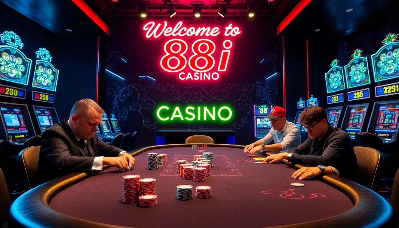 Players enjoying a high-stakes poker game at 88i Casino, showcasing excitement and luxury.