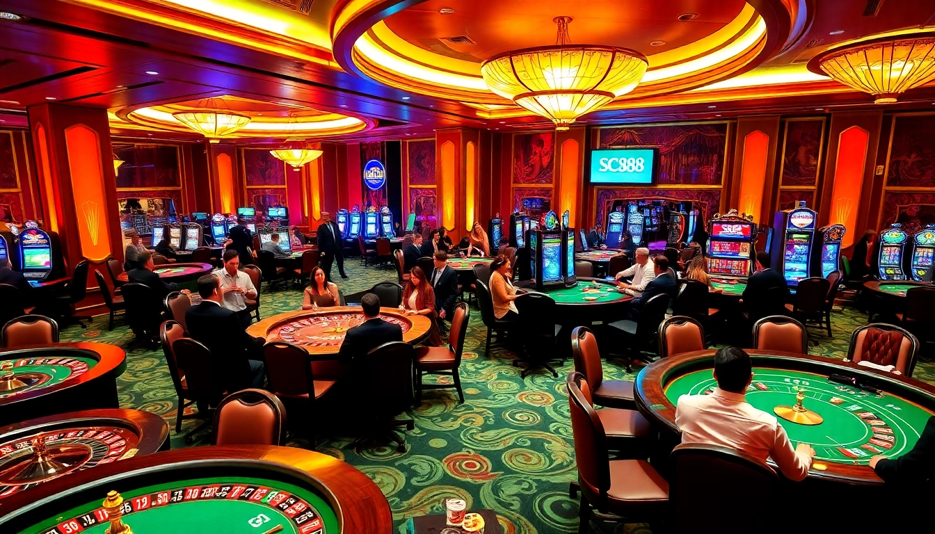 Exciting SC88 casino scene with players at tables enjoying roulette and poker.