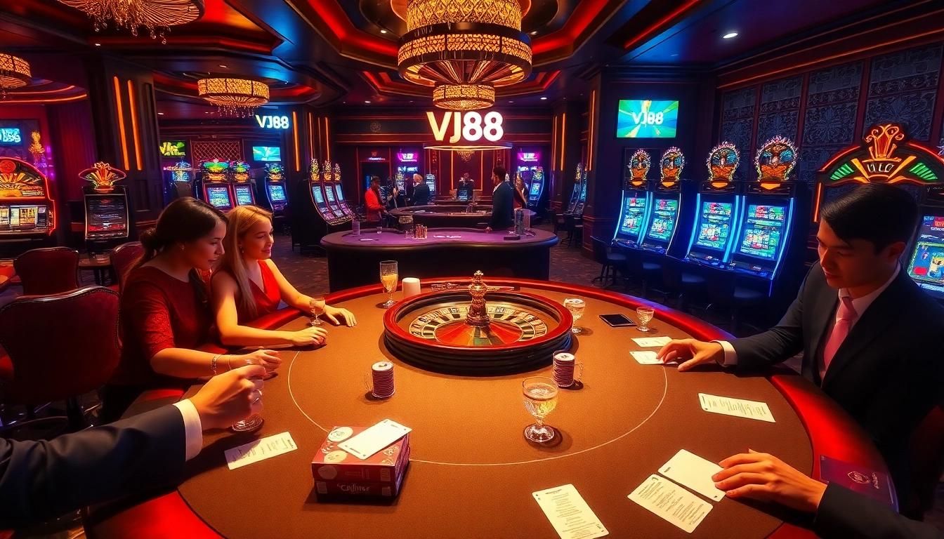 Experience the thrill of VJ88 gambling with vibrant poker tables and luxurious casino ambiance.
