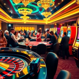 Players enjoying a thrilling night at the casino with gamebaidoithuong.trading, featuring roulette and poker tables.