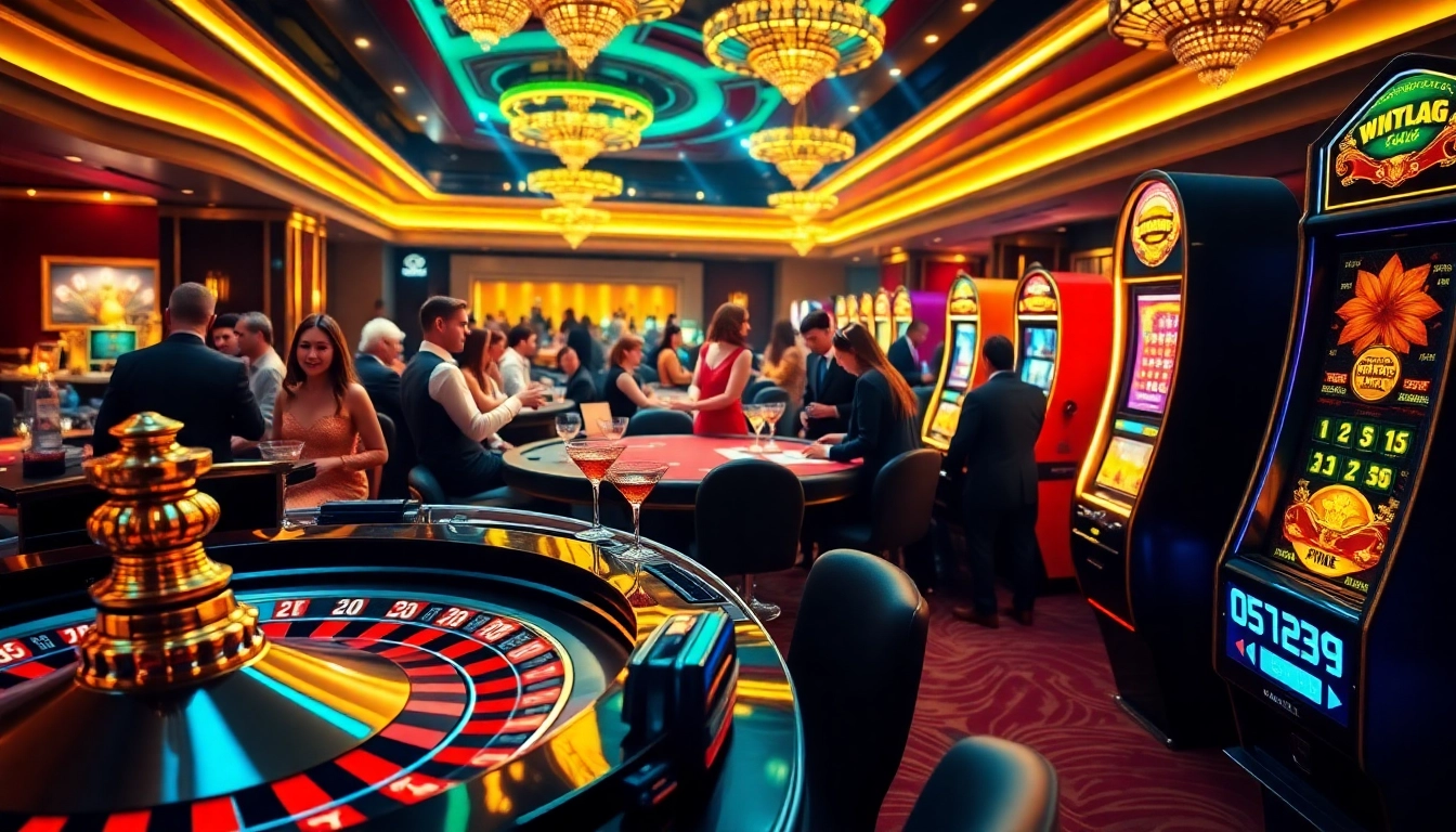 Players enjoying a thrilling night at the casino with gamebaidoithuong.trading, featuring roulette and poker tables.