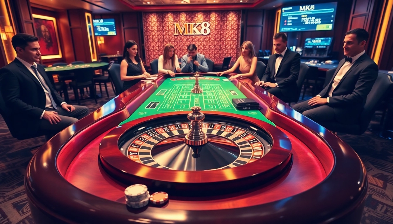 Gamblers placing bets at a luxurious MK 8 themed casino table showcasing excitement and professionalism.