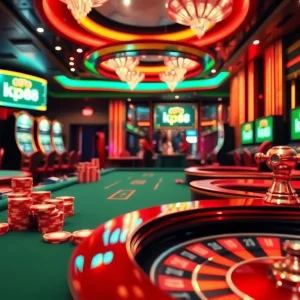 Engage with nhà cái kp88 at a luxurious casino table featuring poker chips, vibrant slot machines, and a roulette wheel.