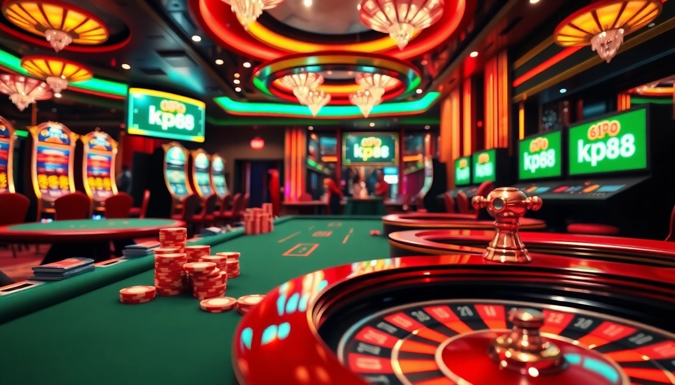 Engage with nhà cái kp88 at a luxurious casino table featuring poker chips, vibrant slot machines, and a roulette wheel.