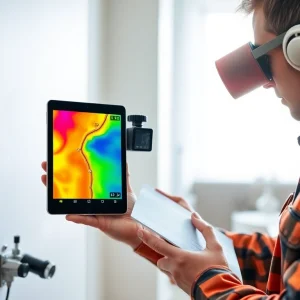 Leak detection technician using advanced thermal imaging technology to identify hidden water leaks in a modern home.