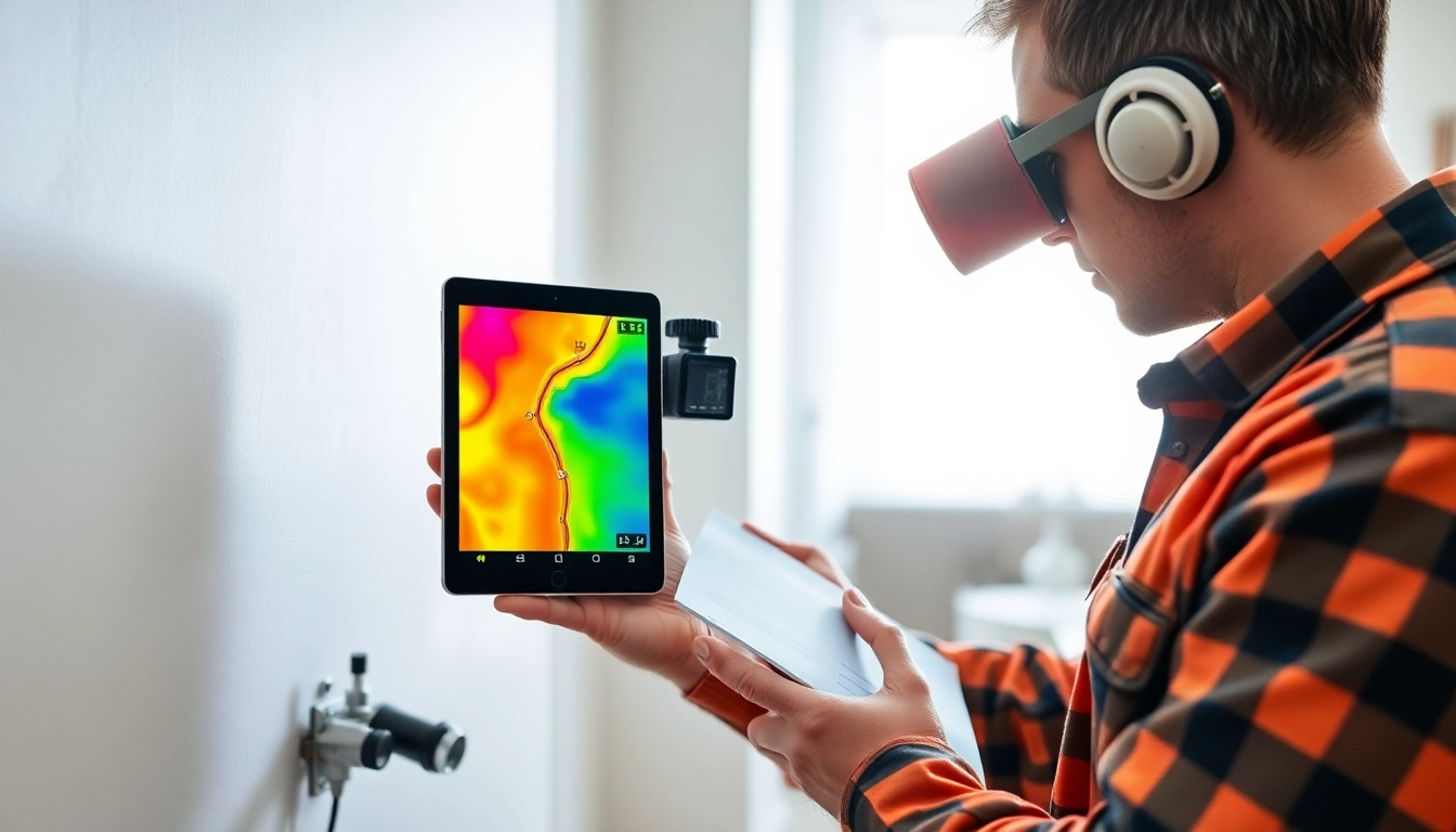 Leak detection technician using advanced thermal imaging technology to identify hidden water leaks in a modern home.