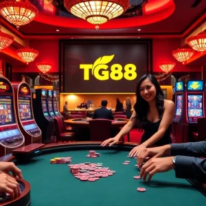 Winning big at TG88 casino with vibrant slot machines and engaged players.