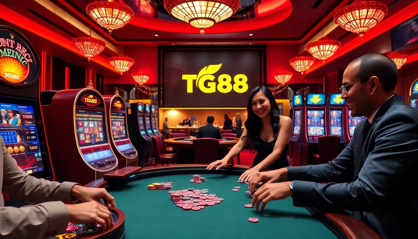 Winning big at TG88 casino with vibrant slot machines and engaged players.