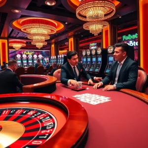 Experience high-stakes gambling action at Febet casino with vibrant roulette and poker games.