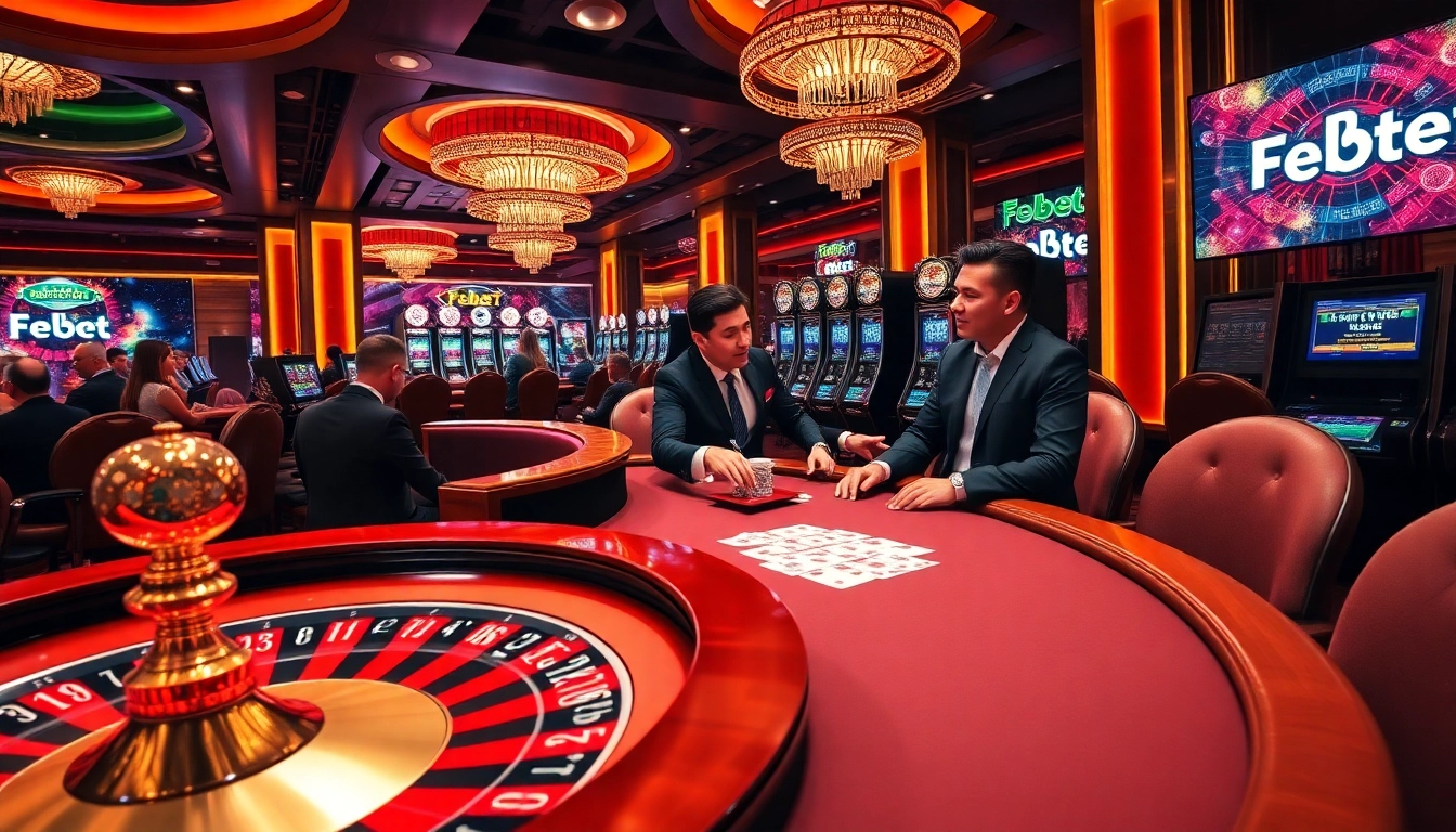 Experience high-stakes gambling action at Febet casino with vibrant roulette and poker games.
