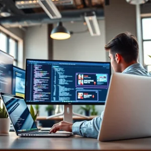 Showcasing website development services with a designer in action in a modern workspace.