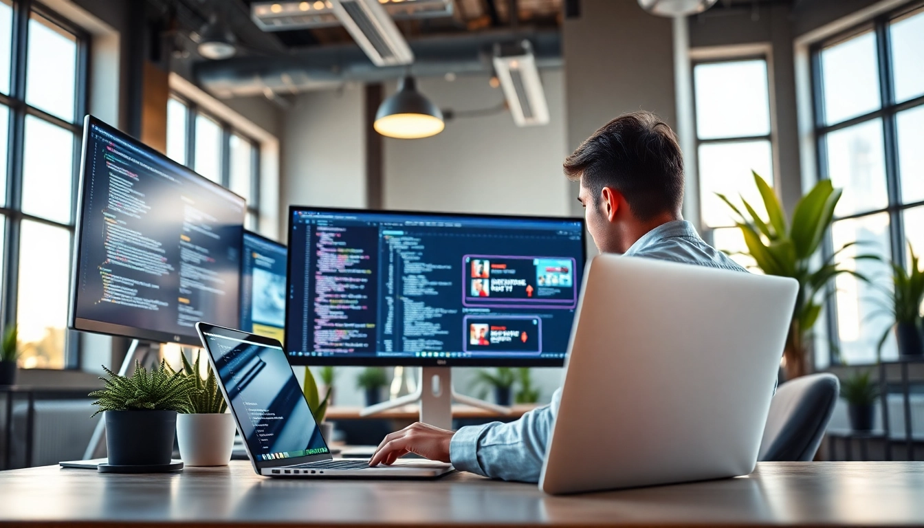 Showcasing website development services with a designer in action in a modern workspace.