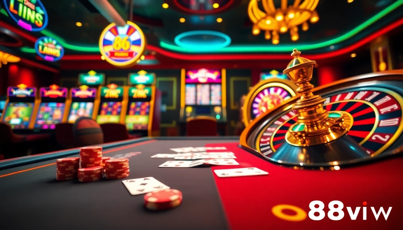 Experience the thrilling ambiance of 88vv's online casino with vibrant gaming tables and dynamic slot machines.