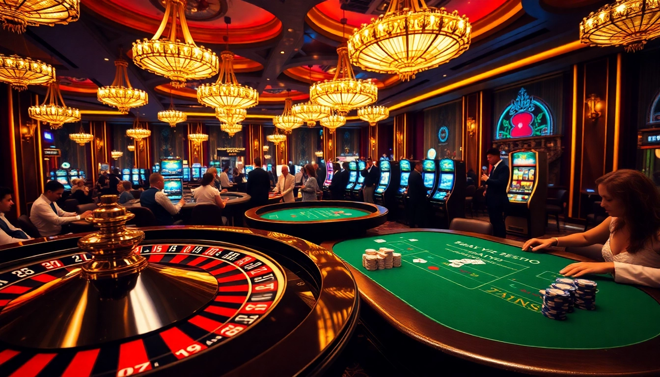 Experience the excitement of winning at 777VIP casino with players at roulette tables and slot machines.