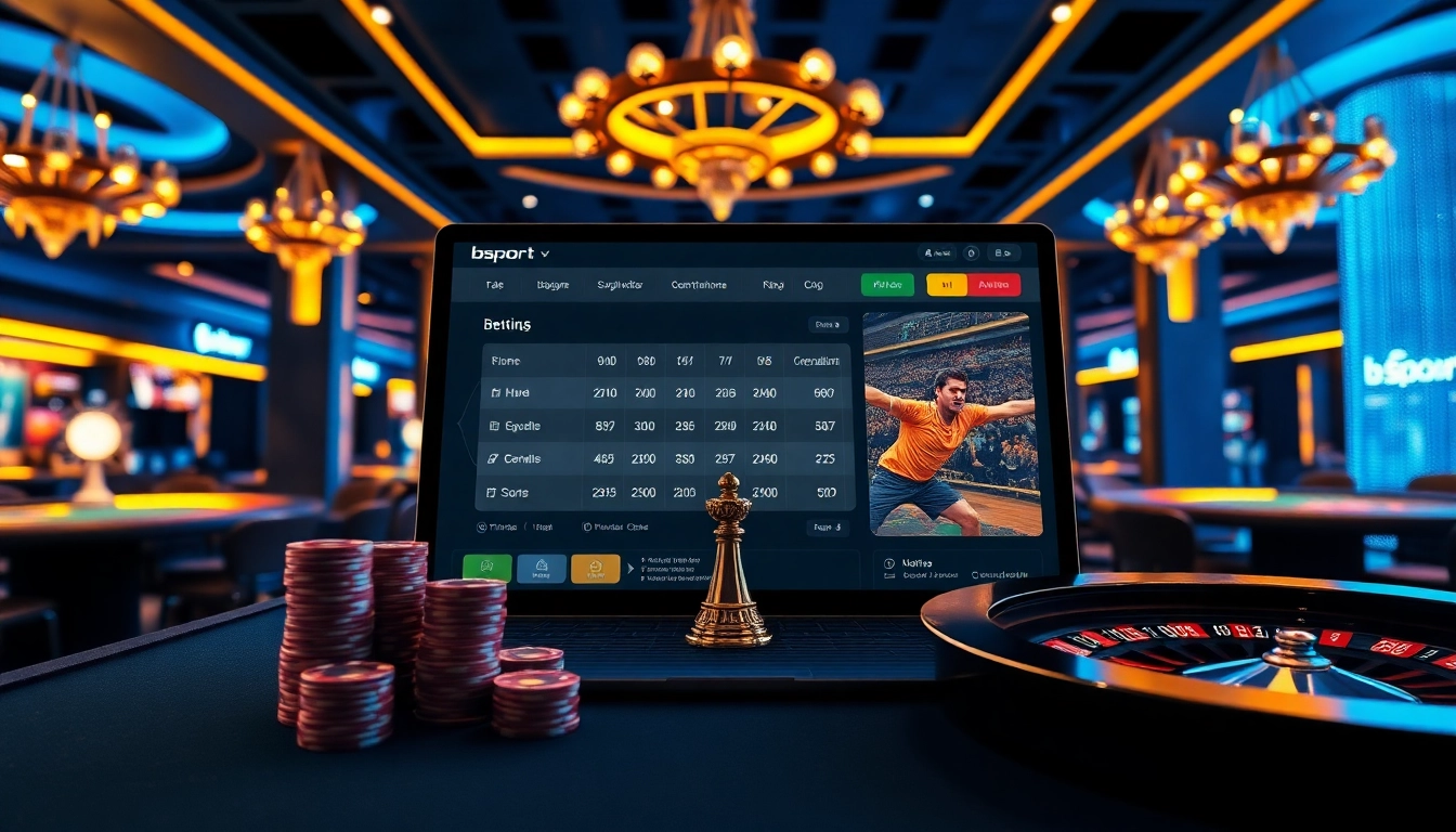 Experience excitement with bsport's online betting interface featuring casino tables and poker chips.