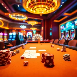 A lively casino scene showcasing players at a gaming table at lc88.com, highlighting excitement and engagement in online gambling.